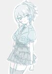  1girl arms_at_sides artist_name assault_lily asymmetrical_dress blue_jacket blush breast_pocket closed_mouth commentary_request cowboy_shot crop_top dress fumi_(fumifumi3axl) garter_straps grey_background grey_dress grey_hair grey_ribbon grey_theme grey_thighhighs hair_between_eyes hata_matsuri highres jacket looking_at_viewer neck_ribbon official_alternate_costume official_alternate_hairstyle open_clothes open_jacket pocket ponytail ribbon shirt short_dress short_sleeves simple_background solo standing thighhighs white_shirt zettai_ryouiki 
