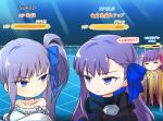  3girls absurdres bangs bare_shoulders bikini blue_eyes blue_ribbon blush breasts chibi choker claw_(weapon) claws closed_eyes coffeekite collarbone crossed_arms earrings fate/extra fate/extra_ccc fate/grand_order fate_(series) frilled_bikini frills gameplay_mechanics hair_ribbon highres jewelry long_hair long_sleeves looking_at_another looking_to_the_side meltryllis_(fate) meltryllis_(swimsuit_lancer)_(fate) multiple_girls off-shoulder_swimsuit off_shoulder passionlip_(fate) pink_ribbon puffy_sleeves purple_hair ribbon side_ponytail sleeves_past_fingers sleeves_past_wrists small_breasts swimsuit translation_request very_long_hair weapon white_bikini 