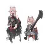  arknights breasts cannibalism demon_girl demon_horns eating highres holding holding_limb holding_sword holding_weapon horns large_ears licking_lips medium_breasts nadin_(arknights) oadooo72196 pink_hair sandals scar scar_on_face sword tongue tongue_out weapon 