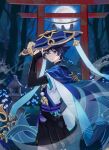  1boy armor belt black_belt black_bow black_bridal_gauntlets black_hair black_shorts blue_cape blue_gem blue_hat blue_jingasa blue_sleeves blunt_ends bow bridal_gauntlets bright_pupils bush cape closed_mouth clothing_cutout eyeliner feathers flower forest furisode gem genshin_impact gold gold_ring grass hakama hakama_shorts hand_up hat highres himalayas0 hip_vent japanese_armor japanese_clothes jingasa kimono kote kurokote layered_sleeves looking_at_viewer makeup male_focus middle_ring nature pleated_shorts pom_pom_(clothes) purple_eyes purple_sash red_eyeliner sash scaramouche_(genshin_impact) short_sleeves shorts side_cape smoke solo tassel tilted_headwear torii tree tsurime vision_(genshin_impact) wanderer_(genshin_impact) white_flower white_kimono white_pupils white_sleeves yellow_feathers 