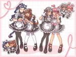  >_< 4girls :< :d animal_ears apron back_bow bell black_dress black_pantyhose black_shoes blue_hair blush border bow bowtie braid brown_eyes brown_hair cat_ears cat_tail chibi chibi_inset closed_eyes collar colored_shadow commentary_request detached_collar dog_ears dog_tail dress drill_hair drop_shadow enmaided frilled_collar frilled_gloves frilled_skirt frilled_sleeves frilled_wrist_cuffs frills genderswap genderswap_(mtf) gloves grey_eyes grid_background half-heart_hands heart heart_hands heart_hands_duo highres holding holding_microphone inazuma_eleven_(series) inazuma_eleven_go kirino_ranmaru korean_commentary long_hair looking_at_another maid maid_apron maid_headdress matsukaze_tenma microphone multiple_girls musical_note neck_ribbon one_eye_closed open_mouth outside_border pantyhose peen_19 pink_border pink_bow pink_hair rabbit_ears rabbit_tail red_bow ribbon shadow shindou_takuto shoes short_sleeves sidelocks skirt smile sweatdrop tail tail_bell tail_ornament tsurime tsurugi_kyousuke twin_braids twintails waist_apron wavy_hair white_apron white_border white_gloves white_pantyhose white_wrist_cuffs wrist_cuffs wrist_ribbon yellow_eyes 