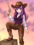  1girl alternate_costume artist_name belt blush boots breasts brown_belt brown_boots brown_pants closed_mouth collared_shirt commentary cowboy cowboy_hat crescent crescent_hair_ornament english_commentary gun hair_ornament handgun hat highres holding holding_gun holding_weapon long_hair long_sleeves medium_breasts pants patchouli_knowledge purple_eyes purple_hair purple_vest shirt solo striped_clothes striped_shirt tloas touhou vertical-striped_clothes vertical-striped_shirt vest weapon weapon_request white_shirt 