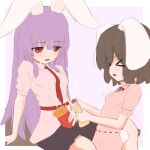  >_< 2girls ^^^ animal_ears arm_support belt black_hair black_skirt blush border bottle breasts carrot_necklace closed_eyes collared_shirt commentary dress drooling floppy_ears food french_fries hair_between_eyes highres holding holding_bottle inaba_tewi jewelry jitome kokowoch long_hair looking_down mayonnaise mayonnaise_bottle medium_breasts mouth_drool multiple_girls necklace necktie open_mouth outside_border pink_dress pink_shirt pleated_skirt purple_background purple_hair rabbit_ears rabbit_girl rabbit_tail red_belt red_eyes red_necktie reisen_udongein_inaba ribbon-trimmed_dress ribbon_trim shirt short_hair short_sleeves simple_background sitting sitting_on_table skirt small_breasts standing suggestive_fluid table tail touhou very_long_hair white_border 