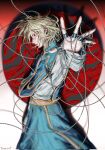  1boy androgynous blonde_hair blue_tabard chain hand_chains highres hunter_x_hunter kurapika male_focus red_eyes solo tabard terrieet98866 