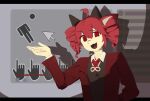  1girl ahoge alternate_costume arm_behind_back black_bow bow cursor decapitation drill_hair fang grey_vest hair_bow hand_up head_tilt high_collar highres infinity_symbol kasane_teto lapels lemon_shodai long_sleeves looking_at_viewer necktie open_mouth pictogram presentation red_eyes red_hair red_necktie red_suit shadow shirt short_hair solo suit twin_drills upper_body utau vest white_shirt 
