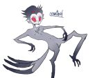  anthro avian bird crowthief demon feathers flat_colors fur helluva_boss hi_res looking_at_viewer male owl red_eyes shaded simple_shading smile solo spread_legs spreading stolas_(vivzmind) 