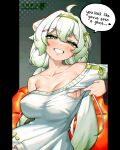  1girl ahoge animal_ears blush breasts cleavage clothing_cutout english_text eyeliner ferret_ears ferret_girl gradient_hair green_eyeliner green_eyes green_hair green_hairband green_sweater grin hair_between_eyes hair_ornament hairband heart_cutout highres indie_virtual_youtuber large_breasts lime_print limealicious limealicious_(cozy) looking_at_viewer makeup multicolored_hair neon_luminous off_shoulder sideboob smile smug solo speech_bubble sweater teasing twintails vinesauce virtual_youtuber white_hair 
