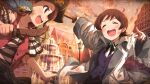  2girls :d ^_^ animal_on_shoulder bird bird_on_shoulder black_bow black_bowtie blush bow bowtie brooch brown_hair card_commentary closed_eyes coat collared_shirt commentary_request day game_asset hat holding holding_sword holding_weapon idolmaster idolmaster_million_live! idolmaster_million_live!_theater_days jewelry kinoshita_hinata long_sleeves looking_at_another minase_iori multiple_girls official_art open_mouth outdoors pirate_hat purple_vest shirt short_hair smile standing sword third-party_source vest weapon white_coat wooden_sword 