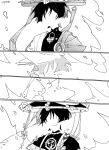  1boy absurdres anemo_symbol_(genshin_impact) blunt_ends bodysuit choppy_bangs closed_mouth faceless faceless_male facing_viewer gem genshin_impact greyscale hat highres japanese_clothes jewelry jingasa kimono male_focus mandarin_collar mitsudomoe_(shape) monochrome neck_ring open_clothes open_kimono rope scaramouche_(genshin_impact) shimenawa short_sleeves shoulder_peek side_cape single_sode smile solo tomoe_(symbol) transformation vision_(genshin_impact) wanderer_(genshin_impact) yaginori 