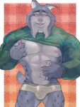 2026 3:4 4_fingers abs anthro biped black_eyebrows border bulge canada_lynx claws clothed clothed_anthro clothed_male clothing clothing_lift detailed_bulge digital_media_(artwork) dipstick_ears disney ear_markings eyebrows fangs felid feline finger_claws fingers fug@9 fur glistening glistening_eyes green_clothing green_sweater green_topwear grey_body grey_fur grey_tail half-closed_eyes looking_at_viewer lynx male male_anthro mammal markings multicolored_clothing multicolored_ears multicolored_underwear muscular muscular_anthro muscular_male narrowed_eyes navel nipple_fetish nipple_play open_mouth pantsless pantsless_anthro pantsless_male pattern_background pawbert_lynxley pawpads pecs pink_nose pink_pawpads simple_background solo spots spotted_body spotted_fur standing sweater sweater_lift tail teeth tongue topwear two_tone_clothing two_tone_underwear underwear whiskers white_border white_whiskers yellow_eyes zootopia