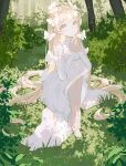  1girl absurdres barefoot blonde_hair blush bug butterfly butterfly_on_head commentary_request dappled_sunlight day dress flipped_sidelocks forest full_body grass grey_eyes head_tilt highres light_particles long_hair long_skirt long_sleeves looking_at_viewer nature nekory original outdoors own_hands_together parted_lips scenery see-through_clothes see-through_sleeves signature skirt solo sunlight swept_bangs tree tree_shade very_long_hair white_dress 