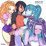  1boy 3girls :d :o adagio_dazzle adagio_dazzle_(human) ahoge all_fours animification aqua_hair aqua_jacket aqua_streaks aria_blaze aria_blaze_(human) artist_name ass bare_arms bare_shoulders belt black_belt black_choker black_gloves black_hair black_sleeves blonde_streaks blue_skin blunt_bangs blunt_sidelocks blush bottomless bracelet breast_press breasts ceitama_oppai choker cleft_of_venus clenched_teeth closed_mouth clothed_sex clothes_pull collarbone colored_skin commentary commission cowboy_shot curly_hair curtained_hair dark-skinned_male dark_skin doggystyle elbow_gloves english_commentary english_text equestria_girls:_rainbow_rocks eye_contact eyes_visible_through_hair eyeshadow fingerless_gloves from_below furrowed_brow gem gloves grabbing_another's_ass groping hair_ornament hairband half-closed_eye hand_on_another's_shoulder hand_on_own_cheek hand_on_own_face hand_up hands_up heart heart-shaped_pupils hetero high_ponytail highres jacket jewelry kneehighs lips long_hair looking_ahead looking_at_another makeup medium_breasts medium_hair multicolored_hair multiple_girls my_little_pony my_little_pony:_equestria_girls my_little_pony:_friendship_is_magic nipples nose_blush oc_x_canon open_clothes open_jacket open_mouth orange_eyes orange_hair orange_shirt orange_socks original outline pants pants_pull pendant_choker pink_eyes pink_gloves pink_hairband pink_jacket pink_nails pink_pupils ponytail puffy_short_sleeves puffy_sleeves purple_eyes purple_eyeshadow purple_gloves purple_hair purple_jacket purple_outline purple_pants purple_shirt purple_skin purple_streaks pussy raglan_sleeves raised_eyebrows raised_inner_eyebrows red_gem rolling_eyes sex sex_from_behind shirt shirt_pull short-sleeved_jacket short_sleeves sidelocks sideways_glance simple_background skeb_commission sleeveless sleeveless_jacket sleeveless_shirt smile socks sonata_dusk sonata_dusk_(human) spiked_bracelet spiked_hairband spikes standing star_(symbol) star_hair_ornament streaked_hair sweat symbol-shaped_pupils teeth the_dazzlings_(my_little_pony) three-quarter_sleeves tongue twintails v-bangs very_long_hair white_background yellow_eyeshadow yellow_shirt yellow_skin 