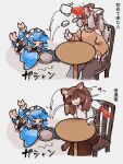  >_< 3girls animal_ears apron bird_legs bird_tail blue_feathers blue_hair blue_maid_harpy_(i7go34) blue_tail blue_tongue blue_wings brown_hair cat_ears cat_girl cat_tail colored_tongue commentary_request cup dodging dog_ears dog_girl dog_tail dress feathered_wings feathers frills grey_hair harpy holding holding_tray i7go34 maid maid_headdress monster_girl multiple_girls original short_hair simple_background spilling tail talons tea teacup teapot tray tripping white_background winged_arms wings 