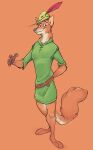 5_fingers anthro belt biped black_eyebrows black_nose black_pawpads bottomless bottomless_anthro bottomless_male brown_belt bycocket canid canine claws closed_smile clothed clothed_anthro clothed_male clothing countershade_face countershade_fur countershade_legs countershade_neck countershade_tail countershading digital_drawing_(artwork) digital_media_(artwork) disney eyebrows feet finger_claws fingerpads fingers fox full-length_portrait fur green_bycocket green_clothing green_hat green_headwear green_shirt green_topwear green_tunic hand_behind_back hat hat_feather headgear headwear hewge hi_res humanoid_hands looking_aside loose_feather male male_anthro mammal monotone_background mouth_closed multicolored_body multicolored_fur narrowed_eyes orange_background orange_body orange_fur pawpads plantigrade portrait red_fox robin_hood robin_hood_(disney) shirt simple_background smile solo standing tail three-quarter_view toes topwear true_fox tunic whisker_spots white_body white_countershading white_fur