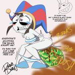1:1 anthro beach being_watched bikini bikini_down bodily_fluids bottomwear clothed clothing clown clown_makeup clown_nose diarrhea duo english_text fart fart_cloud feces feces_in_ass female food fruit glitch_productions hi_res humanoid jax_(tadc) lagomorph leporid looking_at_another male mammal melon mocking panties panties_down partially_clothed pattern_bikini pattern_bottomwear pattern_clothing pattern_panties pattern_swimwear pattern_underwear plant pomni_(tadc) pooping pooping_in_container rabbit ronindraw sharp_teeth shart smile stomach_ache striped_bikini striped_bottomwear striped_clothing striped_panties striped_swimwear striped_underwear stripes swimwear tears teasing teeth text the_amazing_digital_circus two-piece_swimsuit underwear underwear_down watermelon