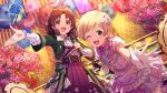  2girls :d ;d ahoge blonde_hair blue_necktie brown_eyes brown_hair card_commentary checkered_necktie commentary_request frilled_skirt frills game_asset gloves green_eyes green_jacket hair_ornament holding holding_microphone idolmaster idolmaster_million_live! idolmaster_million_live!_theater_days jacket kinoshita_hinata looking_at_viewer microphone multiple_girls necktie official_alternate_costume official_alternate_hair_color official_art oil-paper_umbrella one_eye_closed open_mouth outstretched_arm pink_jacket puffy_short_sleeves puffy_sleeves short_hair short_sleeves skirt smile third-party_source tokugawa_matsuri umbrella white_gloves 