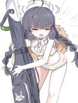  ahoge bag bikini black_hair blue_archive braid closed_eyes commentary_request feet_out_of_frame grey_halo halo hat hat_on_back highres leaf_print leaning_forward long_hair miyu_(blue_archive) miyu_(swimsuit)_(blue_archive) official_alternate_costume print_bikini simple_background straw_hat swimsuit tachikaze_miyako twin_braids weapon_case white_background white_bikini 
