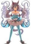  1girl animal_ears bare_shoulders black_shoes blue_pantyhose blue_sleeves breasts brown_eyes brown_hair choker cleavage closed_mouth collarbone commentary_request crossed_arms detached_sleeves dress ear_scrunchie full_body hair_between_eyes hair_ornament highres horse_ears horse_girl horse_tail large_breasts long_hair looking_at_viewer low_twintails multicolored_hair pantyhose red_choker red_scrunchie scrunchie shoes simple_background smile solo standing tail twintails umamusume white_background white_dress white_hair yamanin_zephyr_(umamusume) zukki_(bijitaru) 
