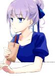  1girl bangs blue_eyes blue_ribbon blue_shirt blush breasts bubble_tea closed_mouth coffeekite collarbone cup disposable_cup drinking_straw eyebrows_visible_through_hair fate/extra fate/extra_ccc fate_(series) folded_ponytail hair_ribbon highres holding holding_cup long_hair looking_away looking_to_the_side meltryllis_(fate) puffy_short_sleeves puffy_sleeves purple_hair ribbon shirt short_sleeves simple_background small_breasts solo upper_body white_background 