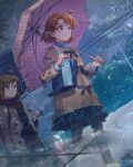  2girls ahoge bag black_pantyhose brown_coat card_commentary checkered_clothes checkered_skirt closed_mouth coat commentary_request from_side game_asset holding holding_bag holding_umbrella idolmaster idolmaster_million_live! idolmaster_million_live!_theater_days multiple_girls official_art orange_hair pantyhose puddle reflection reflective_liquid sad short_hair shoulder_bag skirt standing tears third-party_source tokoro_megumi umbrella water yabuki_kana yellow_eyes 
