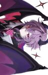  1boy 77_tarte black_horns cape closed_mouth collared_cape commentary double-parted_bangs dragon_boy dragon_horns dragon_wings durin_(genshin_impact) frown genshin_impact hair_between_eyes highres horns looking_to_the_side male_focus purple_hair red_eyes sideways sideways_glance simple_background solo white_background wing_collar wings 