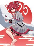 1girl 1other 2025 absurdres albino animal bare_legs barefoot chinese_zodiac double-parted_bangs drill_hair giant_snake grey_jacket grey_skirt hair_between_eyes highres jacket karasuda7 kasane_teto kasane_teto_(sv) layered_skirt long_sleeves oversized_animal red_eyes red_hair shoulder_boards sidelocks skirt snake soles synthesizer_v toes tongue tongue_out twin_drills utau white_snake year_of_the_snake 