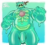 arkyhorny belly bone doug_(monster_con) genitals goo_creature green_body heart_(organ) hi_res humanoid looking_at_viewer male not_furry nude organs pelvis penis rib_cage simple_background slime solo translucent translucent_body visible_skeleton yellow_eyes