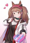  1girl absurdres angelina_(arknights) animal_ears arknights black_collar black_shirt box brown_hair closed_mouth coat collar commentary_request hairband hand_up head_tilt heart heart-shaped_box highres hood hood_down hooded_coat incoming_gift kano_(kotailo) long_hair long_sleeves open_clothes open_coat orange_eyes outstretched_arm red_hairband shirt sidelocks simple_background smile solo twintails valentine white_background white_coat 