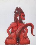 anthro breasts butt cellulite dragon eudia_(pepperuranus) eyewear female genitals glasses hi_res mythological_creature mythological_scalie mythology nipple_piercing nipples piercing ppmp red_body red_skin scalie solo spread_butt spread_vulva spreading traditional_media_(artwork) vulva