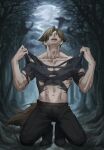  1boy abs animal_ears brown_hair curtained_hair eva0951120 forest highres kemonomimi_mode leon_s._kennedy male_focus meme nature night open_mouth outdoors resident_evil resident_evil_requiem shirt short_hair solo squatting tail toned toned_male torn_clothes torn_shirt wolf_boy wolf_ears wolf_ripping_shirt_(meme) wolf_tail 