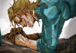  1boy 39zaku39 argyle_clothes argyle_sweater bleeding blonde_hair blood blood_on_face blue_eyes blue_sweater brown_gloves clenched_teeth commentary commentary_request cracked_skin diego_brando fang gloves highres injury jojo_no_kimyou_na_bouken long_sleeves male_focus medium_hair single_glove solo steel_ball_run sweater teeth turtleneck turtleneck_sweater 