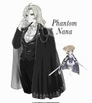  1girl alternate_hairstyle ascot black_cape black_pants black_suit black_thighhighs boots bow bowtie brown_hair buttons cape chain character_name closed_mouth collared_shirt commentary corrupted_twitter_file cosplay cowlick cropped_legs cropped_torso curtained_hair daiba_nana deformed dress dress_shirt dual_wielding earrings epaulettes erik_(phantom_of_the_opera) erik_(phantom_of_the_opera)_(cosplay) expressionless eye_mask garter_straps gloves green_eyes hair_down half_eye_mask hand_on_mask hand_on_own_cheek hand_on_own_face hand_up highres holding jacket jewelry lace lace_thighhighs lapels long_sleeves looking_at_viewer mask medium_hair muted_colors pants phantom_of_the_opera purple_cape purple_dress reference_inset sapphi_(sky_dreamsky) shirt short_dress short_hair short_twintails shoujo_kageki_revue_starlight shoujo_kageki_revue_starlight_-re_live- simple_background single_earring smile spot_color standing striped_clothes striped_shirt suit suit_jacket thigh_boots thighhighs twintails two-sided_cape two-sided_fabric two-tone_cape vertical-striped_clothes vertical-striped_shirt white_ascot white_background white_boots white_bow white_bowtie white_dress white_gloves white_shirt 