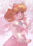  1girl brown_eyes brown_hair cherry_blossoms commentary_request cowboy_shot day falling_petals hairband hand_up highres medium_hair nanako_(nanako_sos) nanako_sos nka_46 open_mouth outdoors petals pink_eyes pink_hairband pink_sailor_collar pink_skirt pleated_skirt sailor_collar school_uniform serafuku shadow shirt sideways_glance skirt solo standing white_shirt 