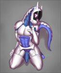  2021 anthro blue_body blue_knot blue_penis blue_skin clothing erection genitals hi_res kneeling legwear lingerie machine male maxx-ros penis pink_eyes robot solo stockings synth_(vader-san) tongue white_body white_clothing white_legwear white_lingerie white_skin 