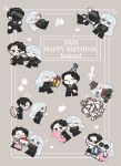  1boy 1girl 2026 angelica_(project_moon) anger_vein birthday_cake black_gloves black_mask black_pants blue_eyes cake character_name commentary_request couple e.g.o_(project_moon) faded_memories_(e.g.o) flying_sweatdrops food gift gloves happy_birthday hat heart hetero highres holding holding_gift holding_plate innertube kojocho05 library_of_ruina mask multiple_views pants party_hat plate project_moon roland_(project_moon) sidelocks sparkle stuffed_animal stuffed_rabbit stuffed_toy sunglasses swim_ring the_homing_instinct_(e.g.o) 