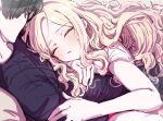  1boy 1girl absurdres black-framed_eyewear black_hair black_shirt blonde_hair blush commentary_request gakuen_idolmaster glasses hetero highres idolmaster juo_sena kasasagi_(futagodori888) long_hair lying lying_on_person multicolored_hair on_back on_stomach pink_streaks producer_(idolmaster) shirt short_sleeves sleeping streaked_hair t-shirt very_long_hair white_shirt 