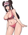  1girl breasts brown_hair cameltoe cleavage closed_mouth commentary donburikazoku double_bun highres large_breasts long_hair looking_at_viewer navel pokemon pokemon_(game) pokemon_bw2 rosa_(pokemon) simple_background smile solo swimsuit twintails visor_cap white_background 
