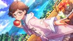  1girl ahoge apple basket bespectacled brown_hair card_commentary coat commentary_request cup day disposable_cup drink dutch_angle food fruit game_asset glasses green_eyes grin hair_ornament hairclip holding holding_food holding_fruit idolmaster idolmaster_million_live! idolmaster_million_live!_theater_days kinoshita_hinata lake long_sleeves looking_at_viewer official_alternate_costume official_alternate_hairstyle official_art outdoors pink_coat round_eyewear short_hair smile solo third-party_source 