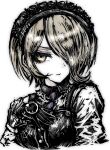  1girl black_gloves closed_mouth commentary_request danganronpa_(series) danganronpa_v3:_killing_harmony dress gloves hair_over_one_eye headdress highres long_sleeves necktie purple_necktie shirt short_hair simple_background smile solo tojo_kirumi tsukihi_shida white_background 