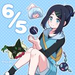  1girl backpack bag black_hair black_shirt blue_background blue_eyes blue_vest closed_mouth collarbone commentary_request hair_bun hair_ornament hairclip hattrem highres hood hood_down hooded_vest hoodie knees_together_feet_apart light_blush liko_(pokemon) meowscarada outline pokemon pokemon_(anime) pokemon_(creature) pokemon_horizons shirt shorts sidelocks single_hair_bun smile split_mouth swept_bangs tera_orb terapagos toumei_4869 vest white_shorts yellow_bag 