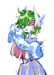  1girl blush bob_cut colored_skin dress gardevoir green_hair hair_over_one_eye holding holding_towel mega_gardevoir mega_pokemon pink_eyes pokemon pokemon_(creature) raine_(acke2445) simple_background smile towel wet white_background white_dress white_skin 
