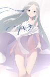  1girl absurdres bangs blue_eyes commentary_request dress feet_out_of_frame floating_clothes gradient gradient_background grey_background groin hair_ribbon highres kanpa_(campagne_9) leaning_to_the_side long_hair looking_at_viewer no_panties off-shoulder_dress off_shoulder pandora_(re:zero) parted_bangs re:zero_kara_hajimeru_isekai_seikatsu ribbon ribbon-trimmed_dress silver_hair smile solo standing thigh_gap very_long_hair white_dress 