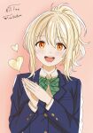  1girl absurdres ayase_eli ayase_eli_(cosplay) blonde_hair blue_jacket bow collared_shirt commentary_request cosplay green_bow heart highres jacket looking_at_viewer love_live! love_live!_nijigasaki_high_school_idol_club miyashita_ai open_mouth orange_eyes own_hands_together ponytail shirt signature smile solo taedelame twitter_username white_shirt 
