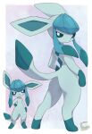  3_fingers 3_toes absurd_res ambiguous_gender anthro anthrofied artist_logo big_ears biped blue_body blue_sclera canid diamond_(marking) digital_drawing_(artwork) digital_media_(artwork) eeveelution feet fingers front_view frown generation_4_pokemon glaceon hand_on_hip hi_res japanese_description logo looking_at_viewer looking_back looking_back_at_viewer mammal markings mochiri nintendo paws pokemon pokemon_(species) simple_background slim_ambiguous slim_anthro smug_grin solo standing tail toes white_eyes 