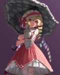  1girl :/ adapted_costume bangs black_umbrella blonde_hair blush breasts center_frills closed_mouth commentary_request crystal dress eyebrows_visible_through_hair feet_out_of_frame flandre_scarlet floral_print frills gradient gradient_background hair_ribbon hairband highres holding holding_umbrella leg_ribbon lolita_fashion lolita_hairband long_sleeves looking_at_viewer nail_polish one_side_up pink_nails purple_background red_dress red_eyes red_hairband red_ribbon ribbon short_hair simple_background single_drill slit_pupils small_breasts solo standing touhou umbrella wings zakozako_y 