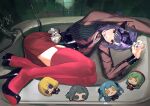  1girl absurdres amoris_(bang_dream!) ave_mujica_(bang_dream!) bang_dream! bang_dream!_it's_mygo!!!!! bathroom bathtub black_corset black_shirt blue_nails button_eyes buttons chinese_commentary commentary_request corset doloris_(bang_dream!) faucet high_heels highres holding holding_mask indoors jewelry lying mask misumi_uika mortis_(bang_dream!) mortis_(costume)_(bang_dream!) necklace oblivionis_(bang_dream!) pearl_necklace purple_hair rainbow_hose red_eyes red_skirt red_thighhighs shirt skirt smile solo thigh_strap thighhighs timoris_(bang_dream!) togawa_sakiko tongue tongue_out toy wakaba_mutsumi yahata_umiri yuutenji_nyamu 