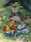  bag barrel berry_(pokemon) blue_scarf brown_bag chespin closed_eyes commentary_request fennekin grass green_scarf lying makoto_ikemu nature no_humans on_back on_stomach open_mouth orb outdoors pin piplup pokemon pokemon_(creature) pokemon_focus red_scarf scarf sitting summer sweat tongue tongue_out tree 