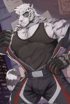  1boy abs animal_ears arknights bara black_bodysuit black_gloves black_shirt black_tank_top bodysuit closed_mouth commentary cross_scar english_commentary furry furry_male gloves highres krisfrrk23 looking_at_viewer male_focus mountain_(arknights) mountain_(hardcore_rider)_(arknights) multiple_scars muscular muscular_male open_bodysuit open_clothes pectorals scar scar_across_eye scar_on_arm scar_on_cheek scar_on_chest scar_on_face scar_on_shoulder shirt sleeveless sleeveless_shirt sunglasses tail tank_top tiger_boy tiger_ears tiger_stripes tiger_tail whiskers 
