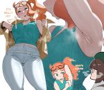  2girls armpits breasts brown_coat brown_hair coat english_commentary english_text eyewear_on_head glasses gloria_(pokemon) green_eyes green_shirt hair_ornament heart heart_hair_ornament highres hot large_breasts looking_at_another multiple_girls multiple_views okpriko open_clothes open_coat orange_hair pants pokemon pokemon_sword_and_shield shirt short_hair side_ponytail simple_background sleeveless sleeveless_shirt sonia_(pokemon) standing sweat white_background white_pants 