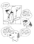  2023 anthro bodily_fluids bottomwear canid canine canis clothing comic dialogue domestic_cat domestic_dog dreadlocks duo english_text eyewear felid feline felis floppy_ears freckles gaydottiff glasses greg_(gaydottiff) hair hoodie mammal monochrome penny_(gaydottiff) ponytail shelley_(gaydottiff) shirt shorts snout speech_bubble standing sweat sweatdrop t-shirt tail tail_tuft text text_on_clothing text_on_shirt text_on_topwear topwear tuft 